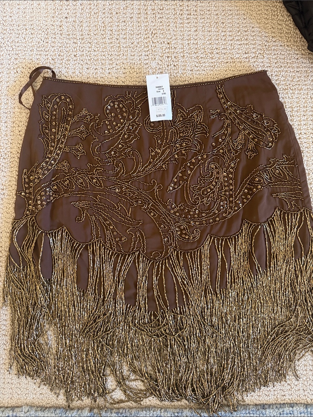 L'AGENCE Brown Beaded Fringe Mini Skirt